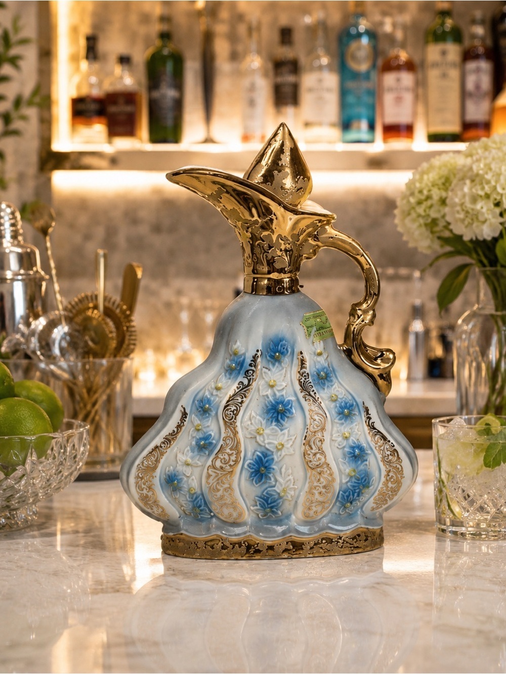 Vintage Jim Beam Ornate Ceramic Bourbon Decanter | Blue & Gold | 1970s | Empty